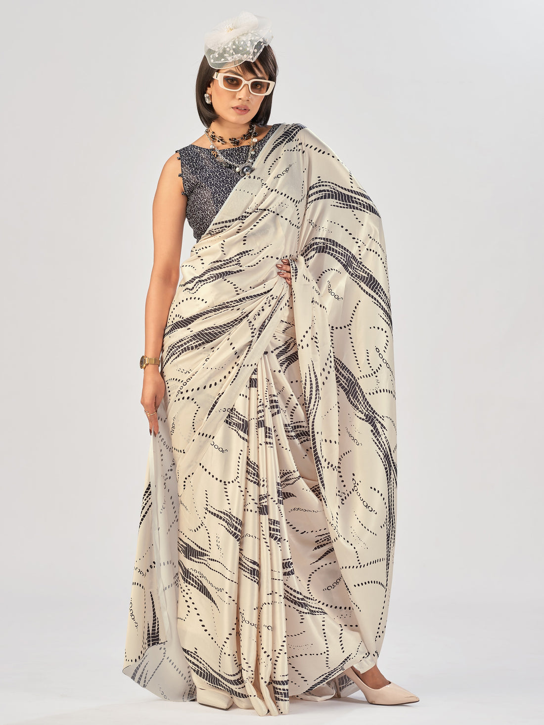 Outstanding Off-White Printed Satin Party Wear Saree with Blouse