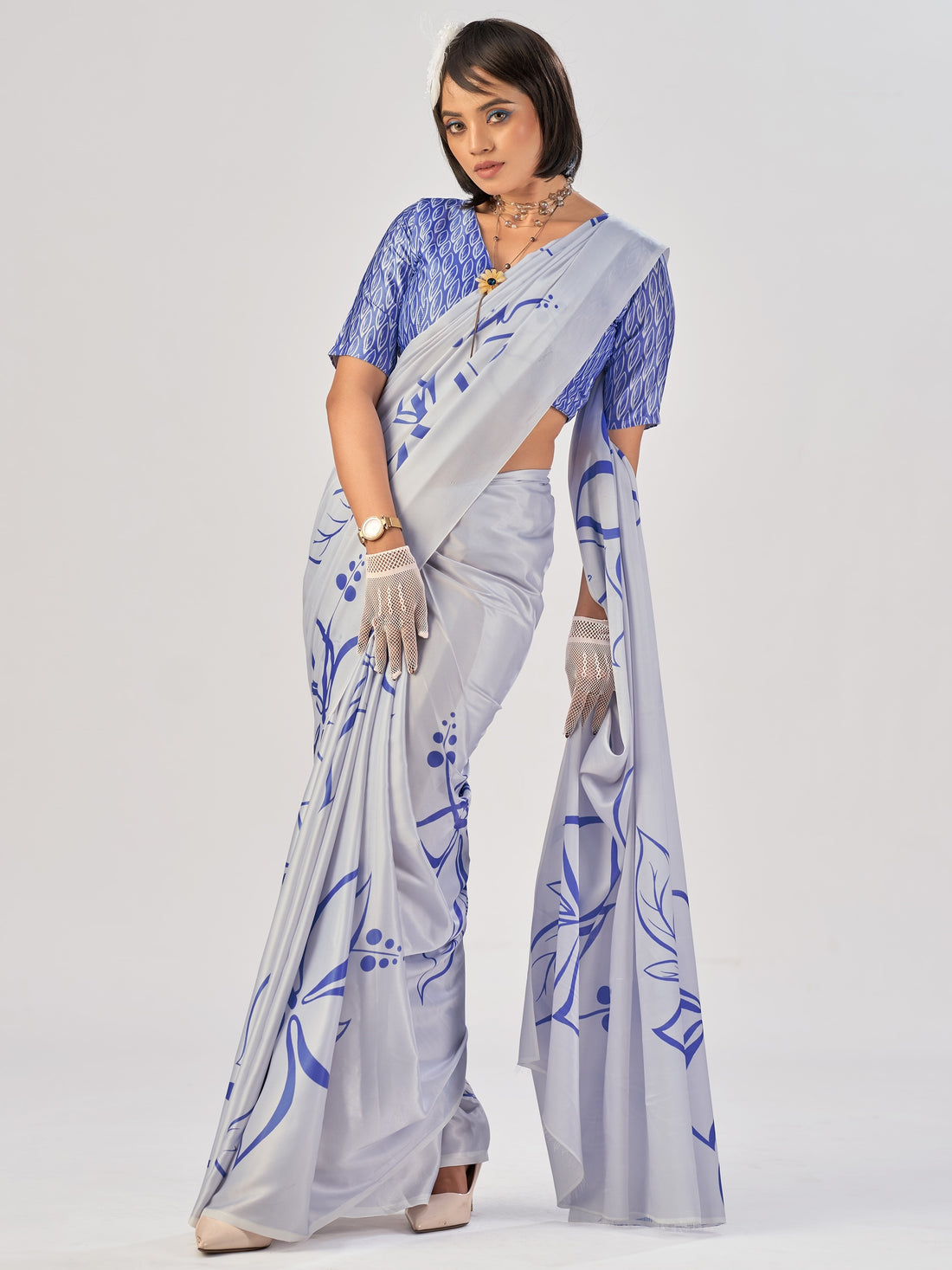 Precious Grey Printed Satin Casual Wear Saree With Blouse
