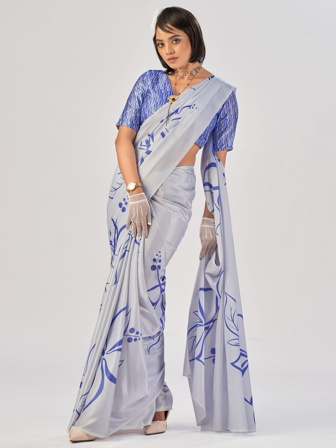 Precious Grey Printed Satin Casual Wear Saree With Blouse