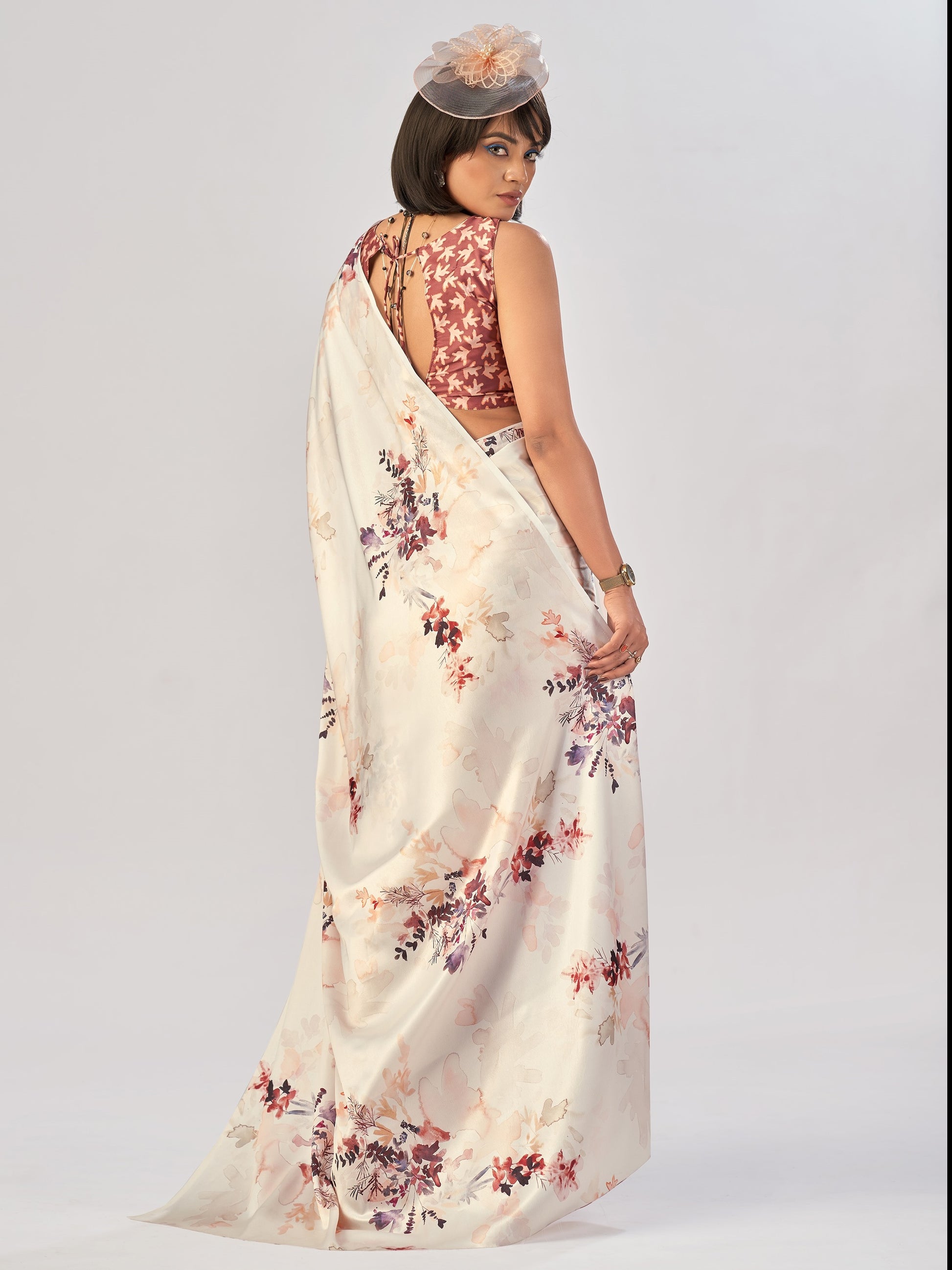 Graceful Cream Printed Satin Daily Wear Saree With Blouse