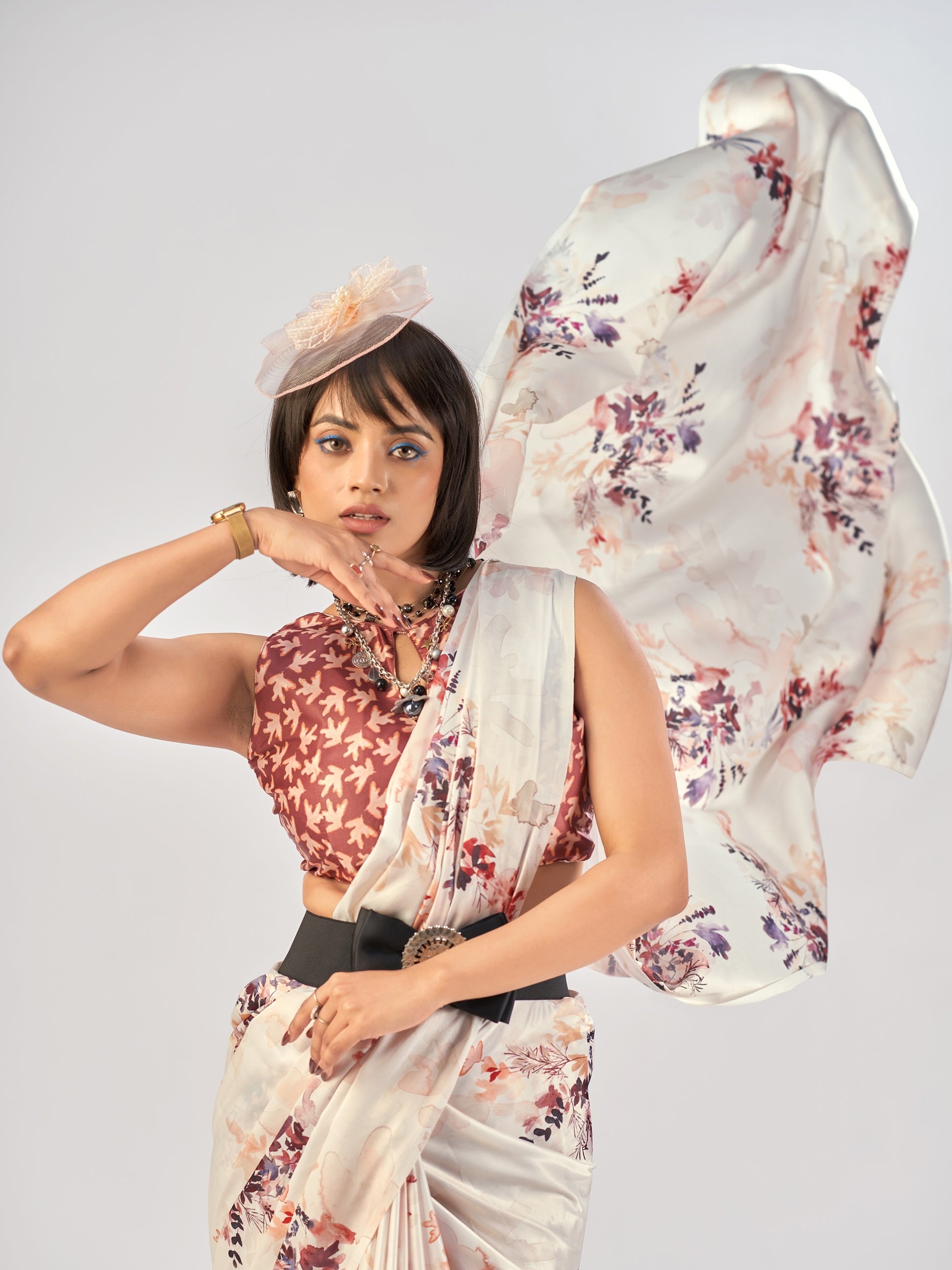 Graceful Cream Printed Satin Daily Wear Saree With Blouse