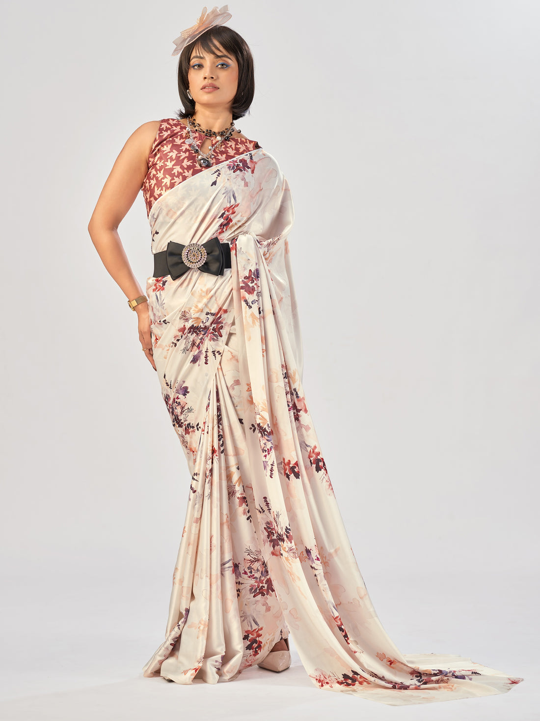 Graceful Cream Printed Satin Daily Wear Saree With Blouse