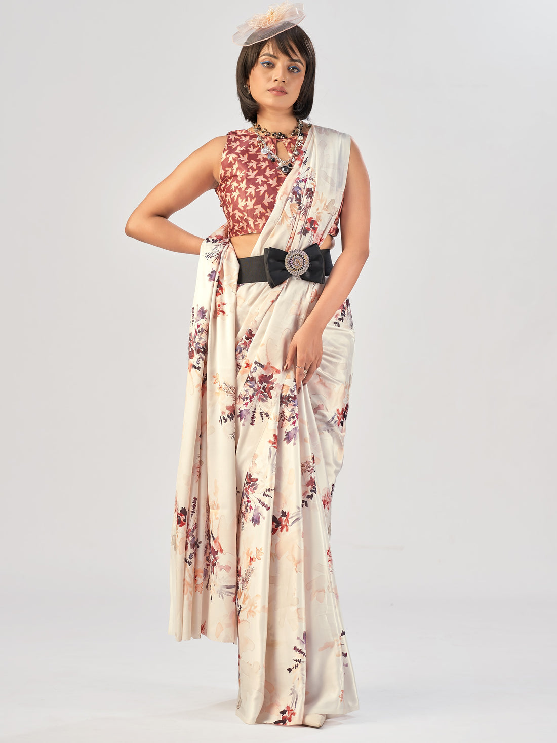 Graceful Cream Printed Satin Daily Wear Saree With Blouse