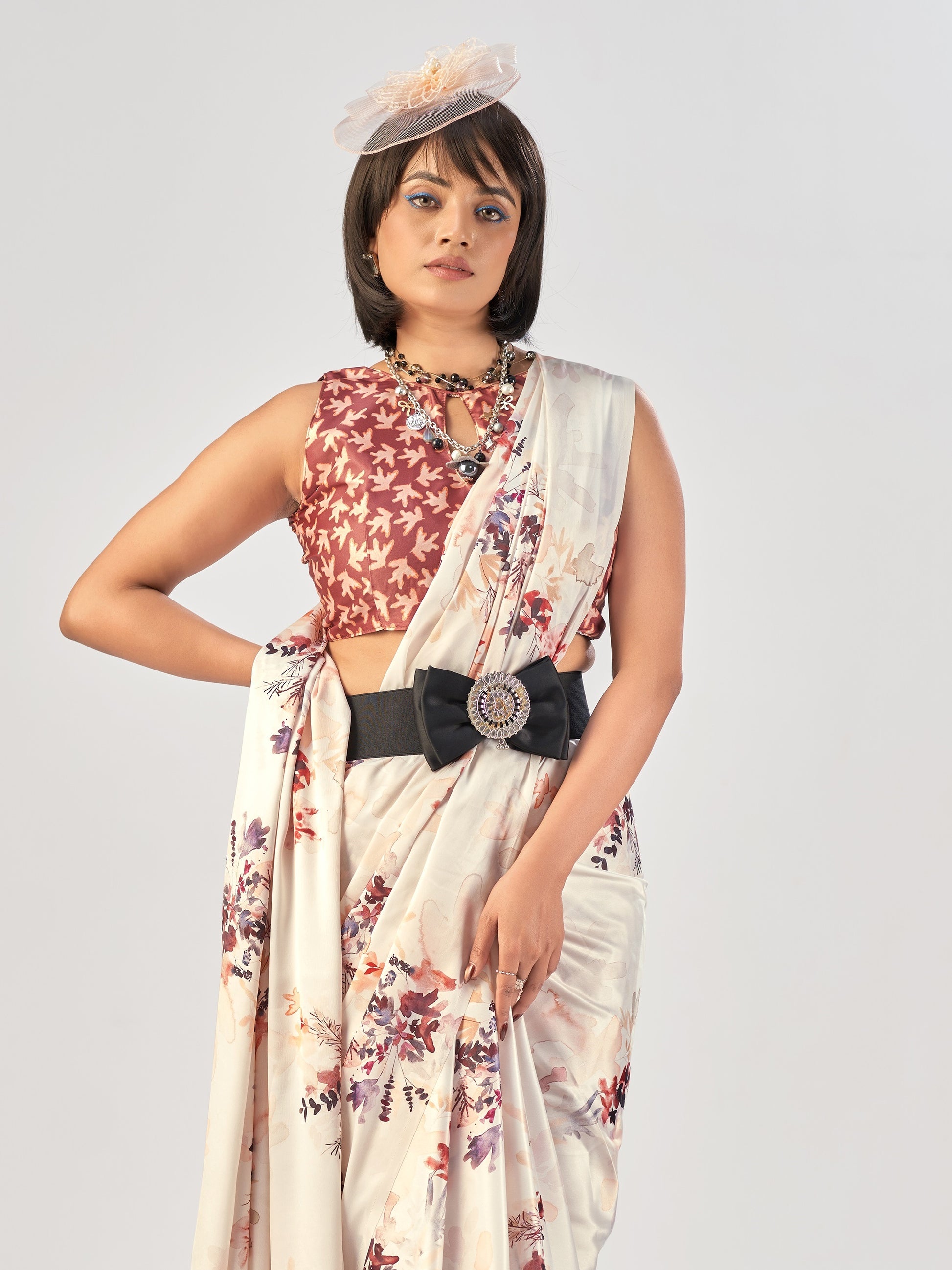 Graceful Cream Printed Satin Daily Wear Saree With Blouse