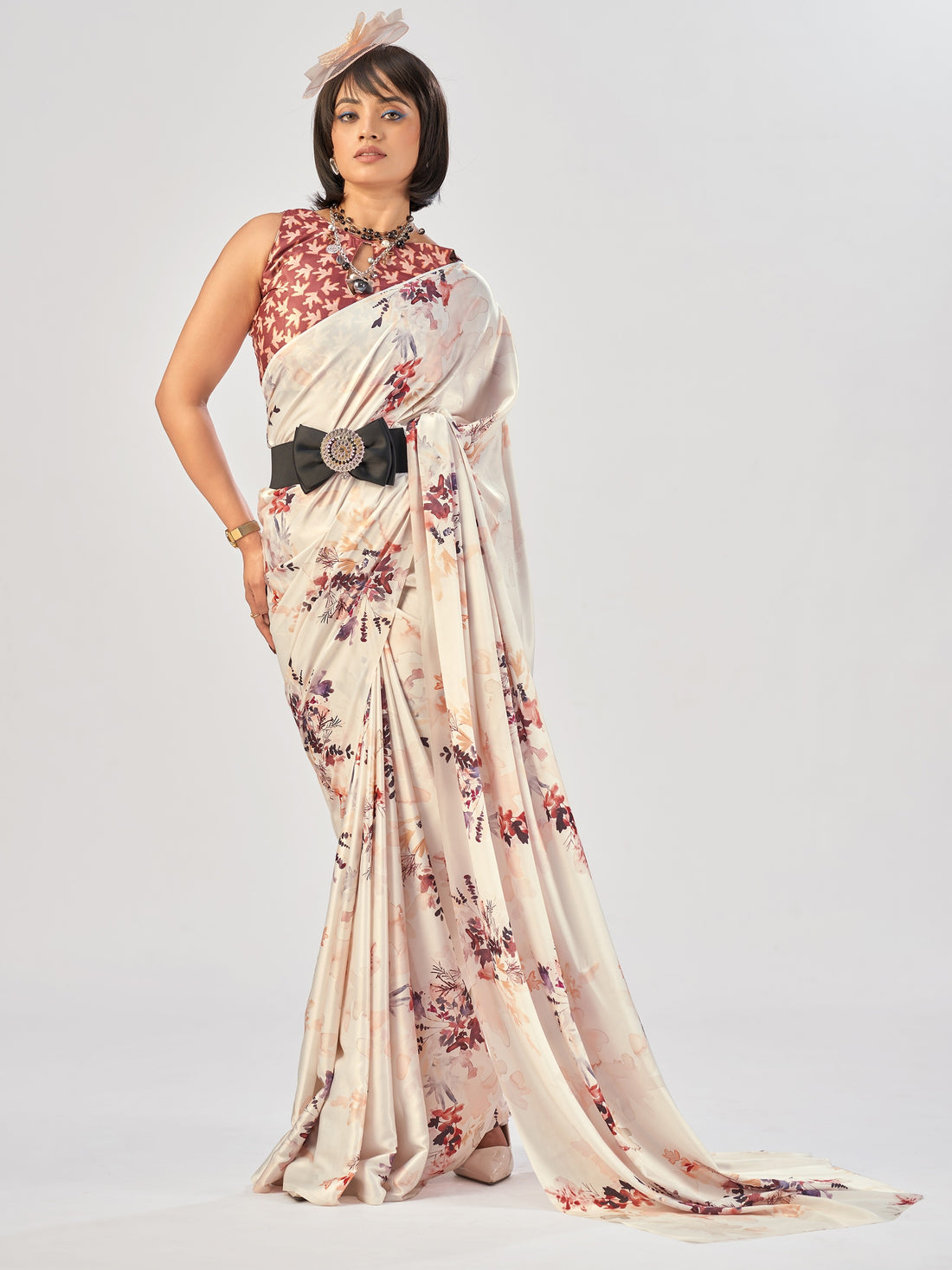 Graceful Cream Printed Satin Daily Wear Saree With Blouse