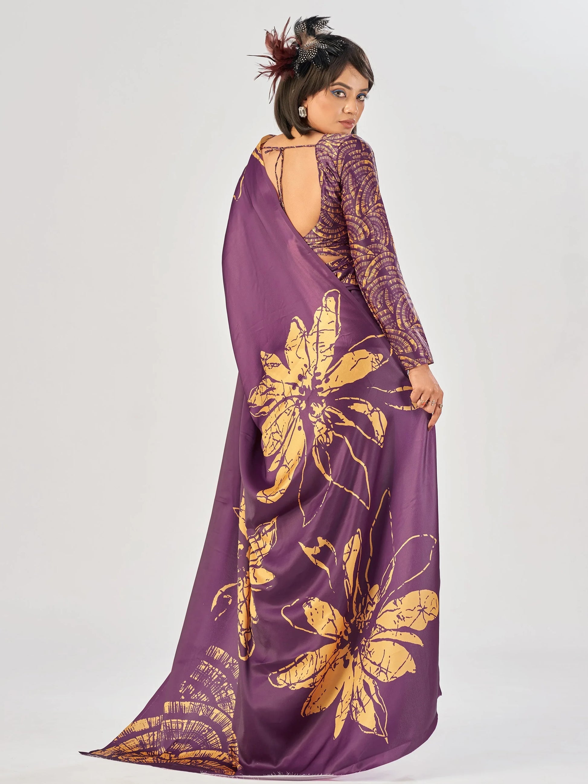 Incredible Wine Floral Printed Satin Festive Wear Saree With Blouse