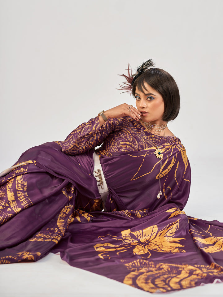 Incredible Wine Floral Printed Satin Festive Wear Saree With Blouse