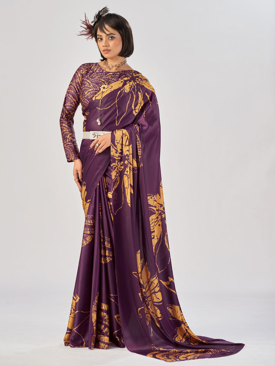 Incredible Wine Floral Printed Satin Festive Wear Saree With Blouse