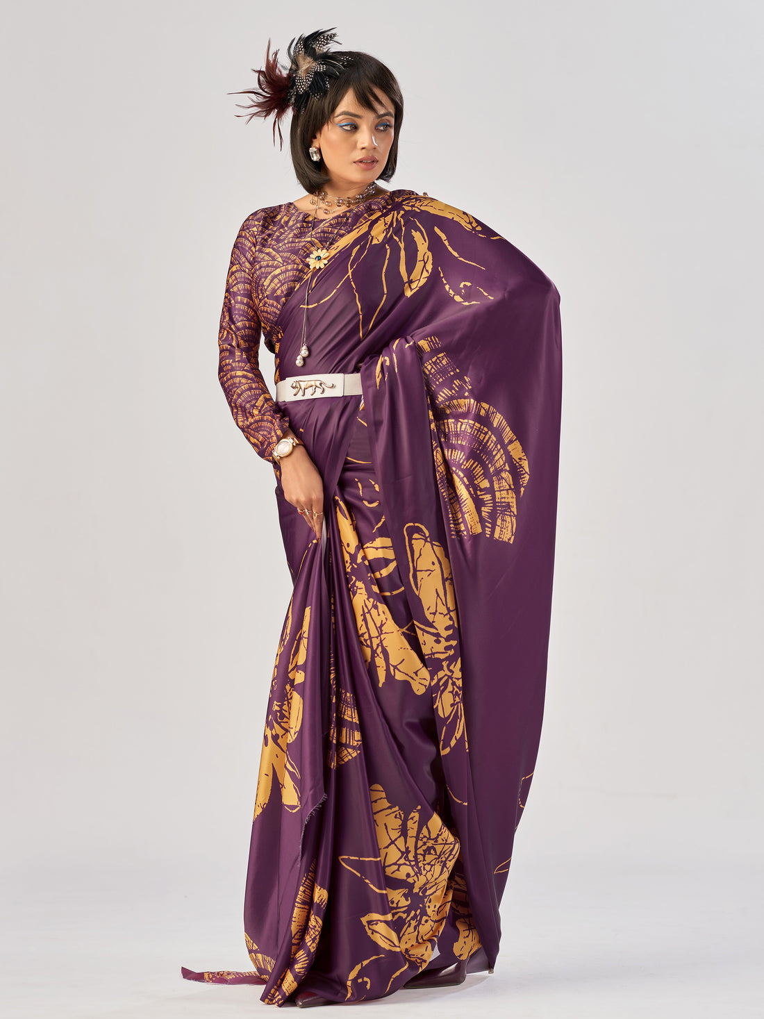Incredible Wine Floral Printed Satin Festive Wear Saree With Blouse