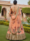 Pretty Peach Floral Printed Silk Wedding Wear Lehenga Choli With Dupatta