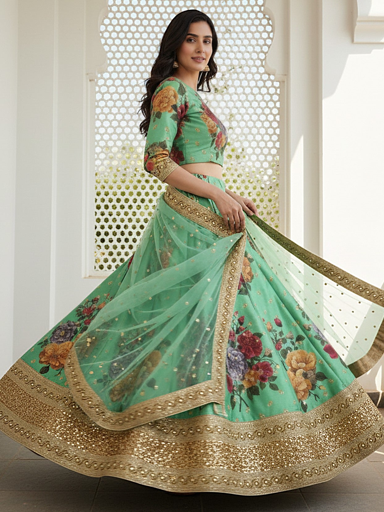 Dazzling Green Floral Printed Silk Mehendi Wear Lehenga Choli With Dupatta