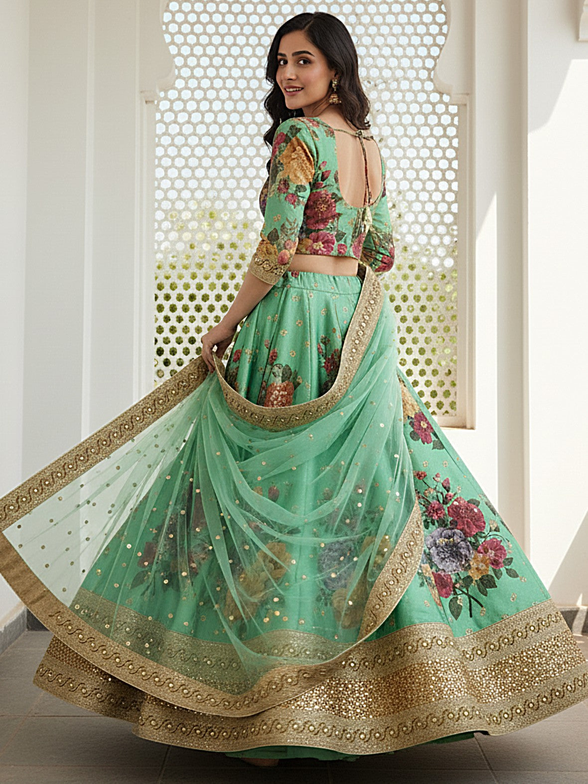 Dazzling Green Floral Printed Silk Mehendi Wear Lehenga Choli With Dupatta