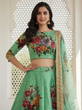 Dazzling Green Floral Printed Silk Mehendi Wear Lehenga Choli With Dupatta