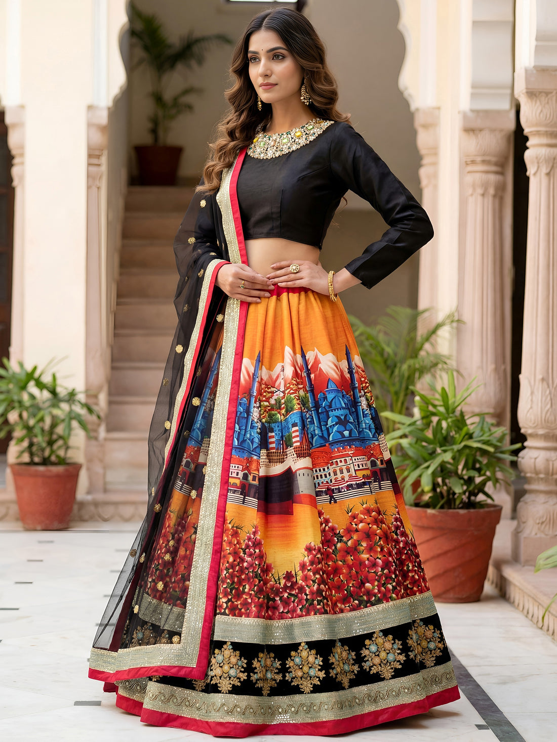 Gorgeous Multi-Color Floral Printed Silk Reception Wear Lehenga Choli