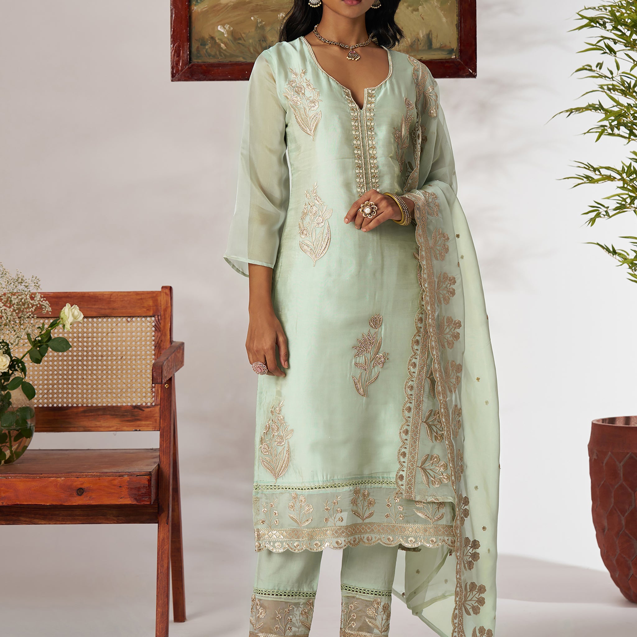 Fantastic Pista Green Embroidered Organza Straight Pant Suit With Dupatta