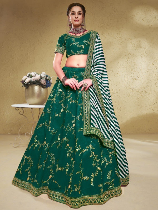 Adorable Green Embroidered Silk Lehenga Choli With Dupatta