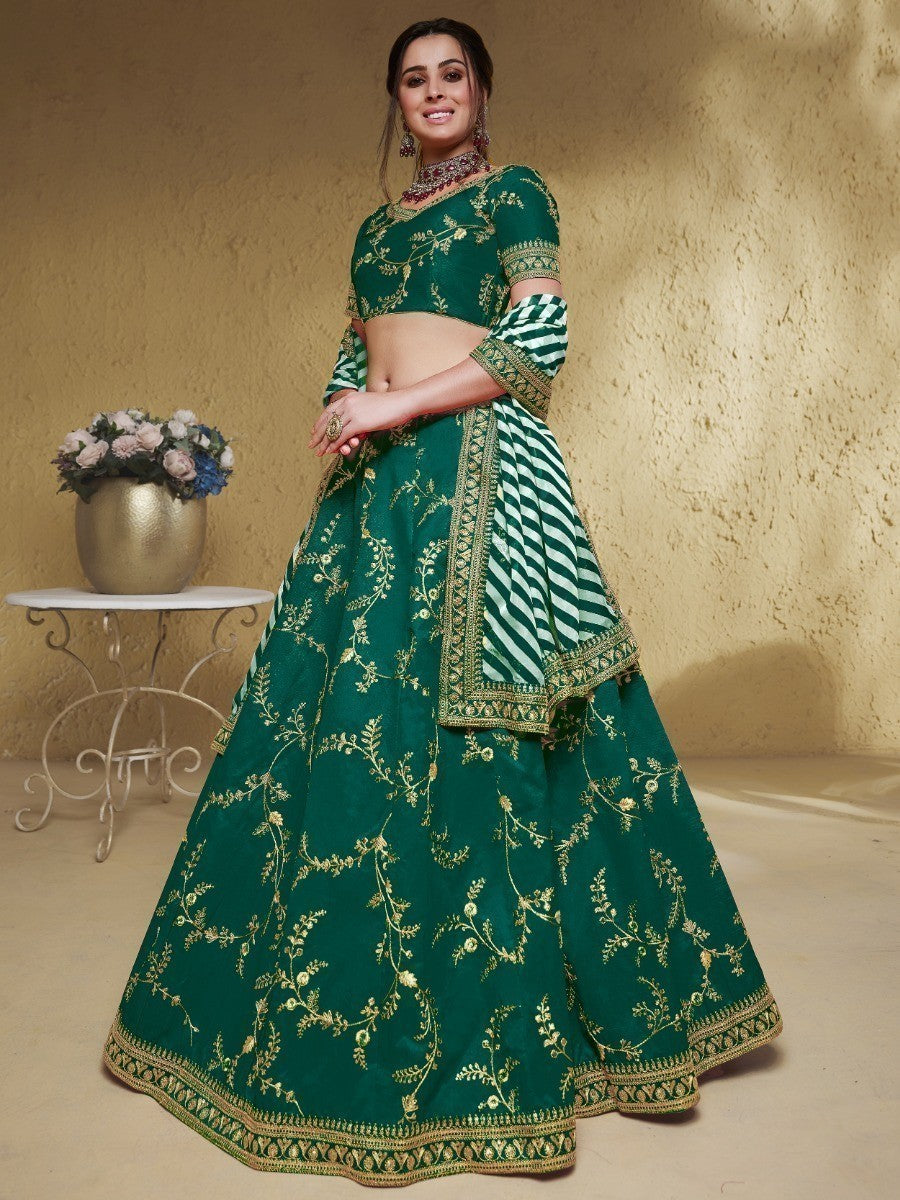 Adorable Green Embroidered Silk Lehenga Choli With Dupatta