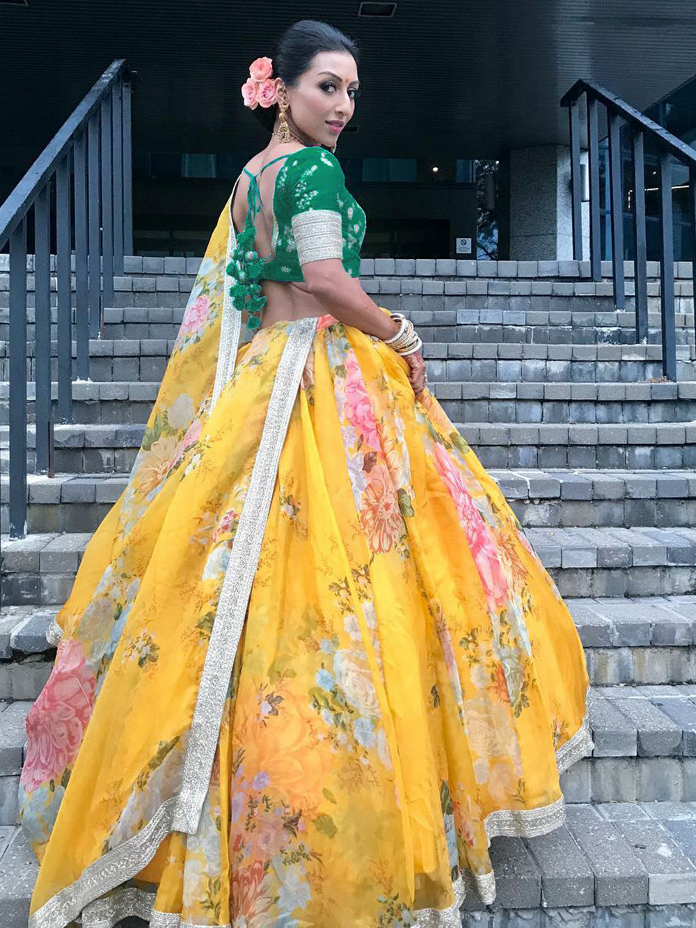 Charming Yellow Floral Printed Organza Wedding Wear Lehenga Choli