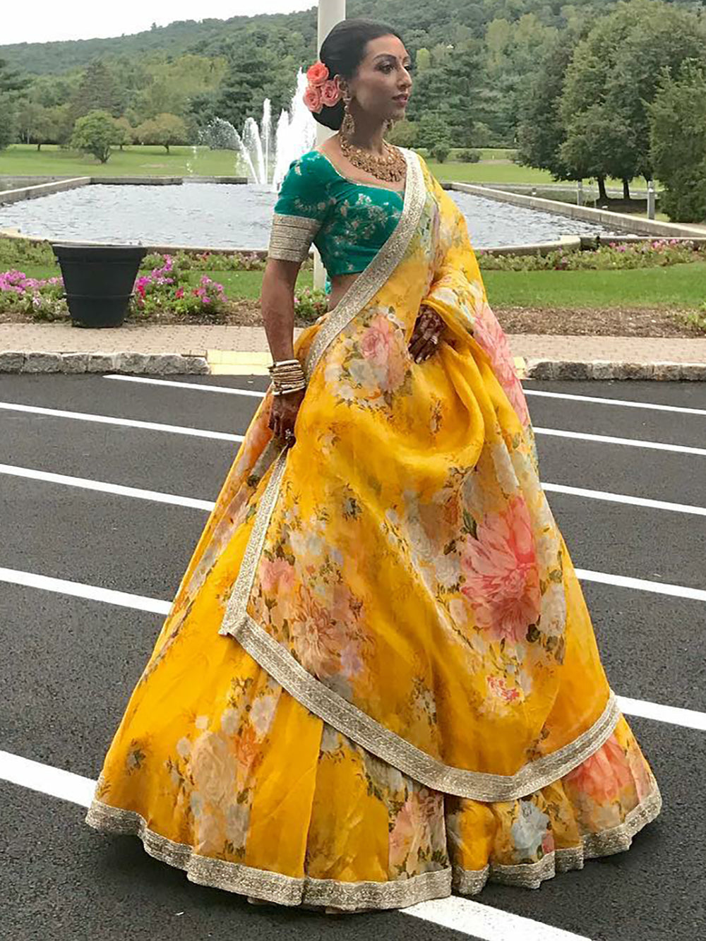 Charming Yellow Floral Printed Organza Wedding Wear Lehenga Choli