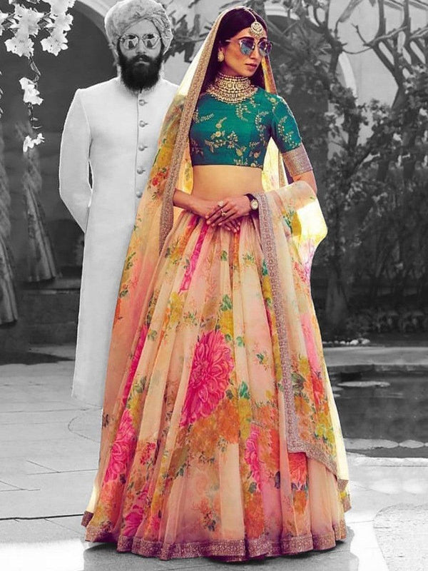 Beautiful White-Green Designer Digital Printed Lehenga Choli