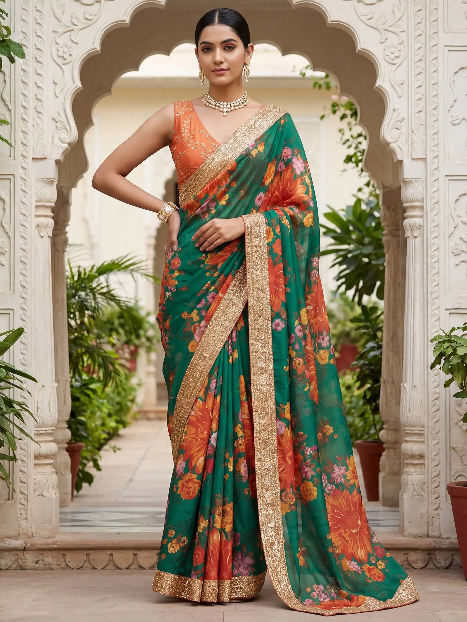Splendid Green Floral Printed Organza Mehendi Wear Saree With Blouse