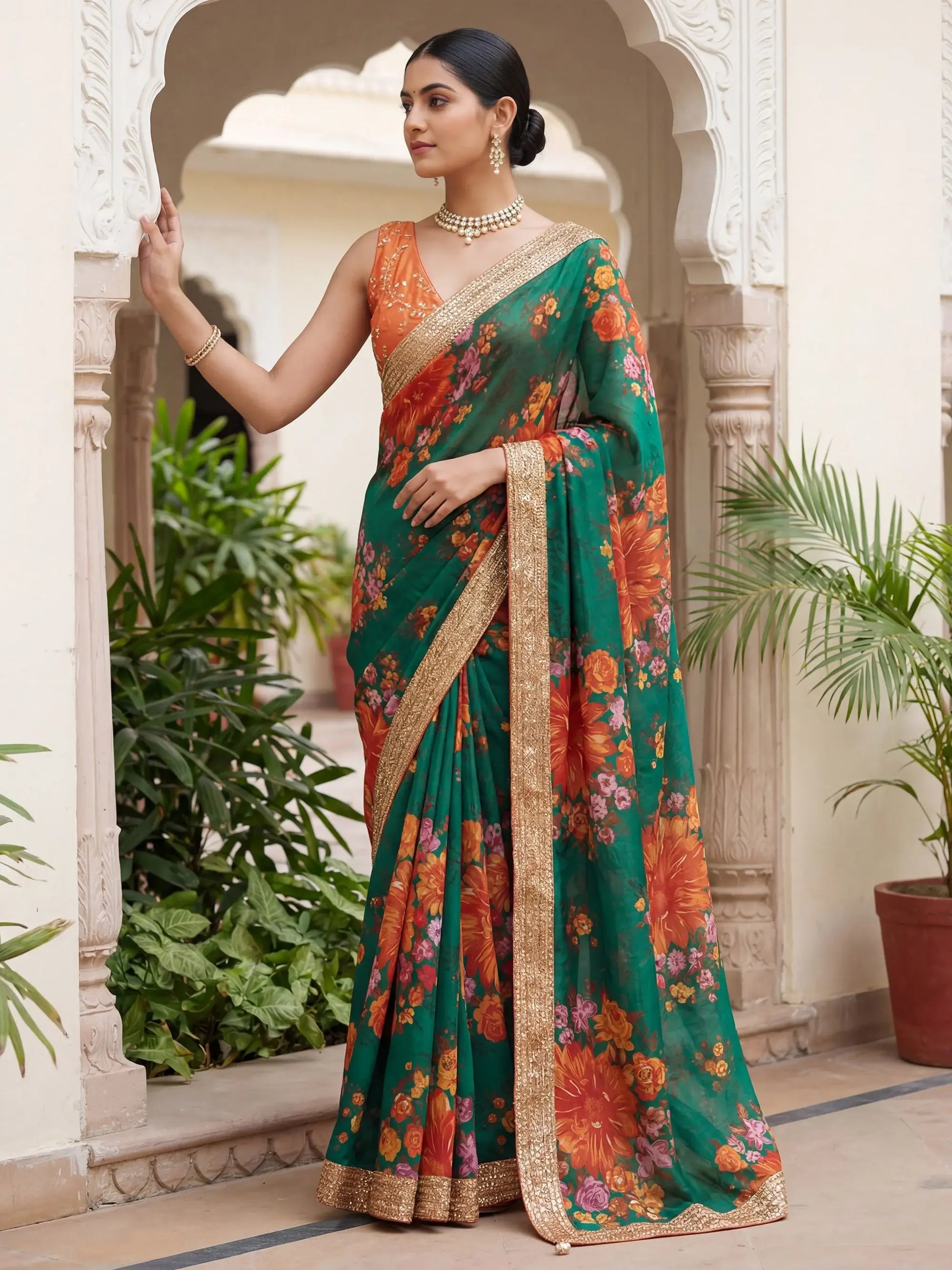 Splendid Green Floral Printed Organza Mehendi Wear Saree With Blouse