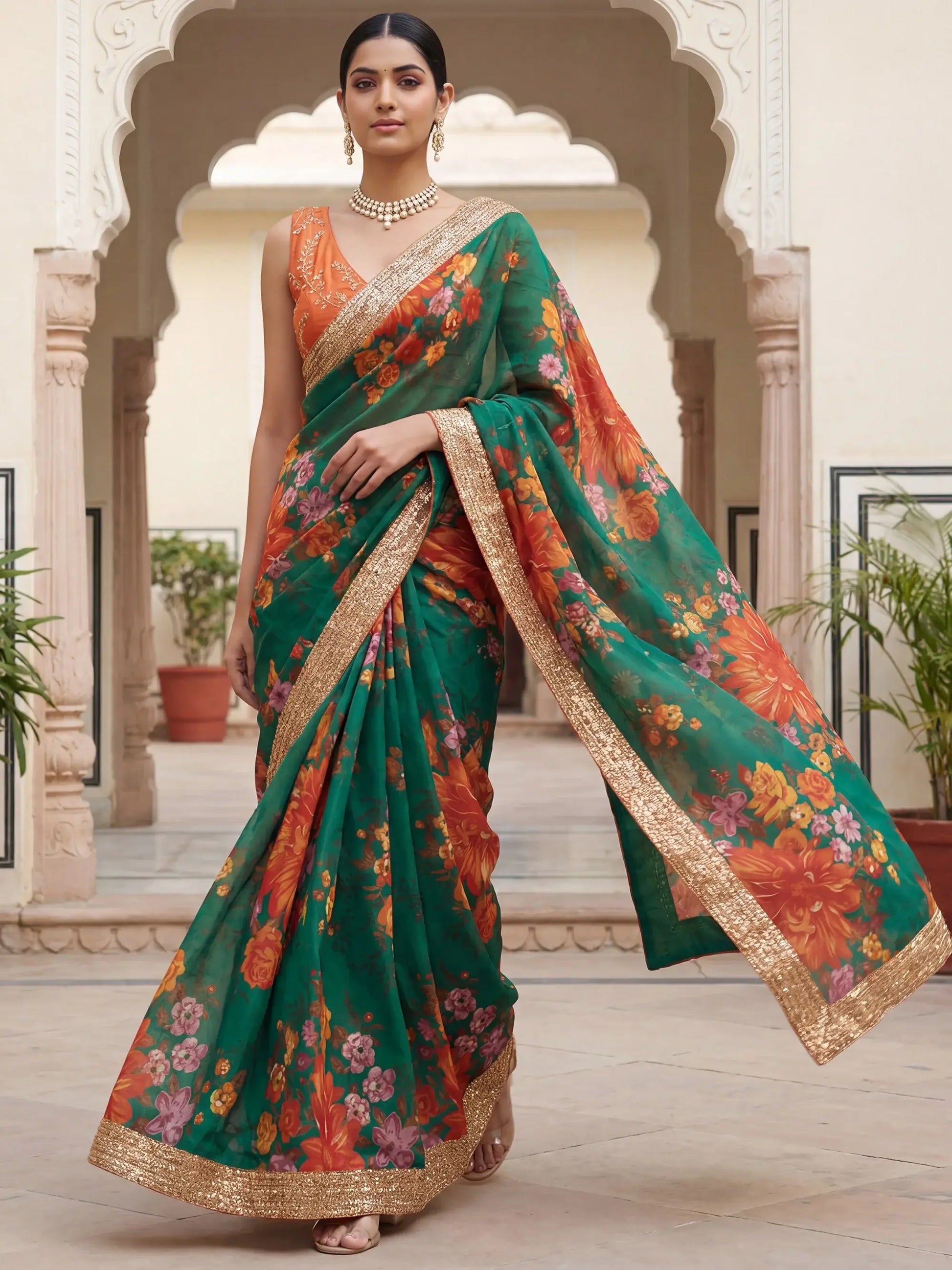Splendid Green Floral Printed Organza Mehendi Wear Saree With Blouse