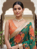 Splendid Green Floral Printed Organza Mehendi Wear Saree With Blouse