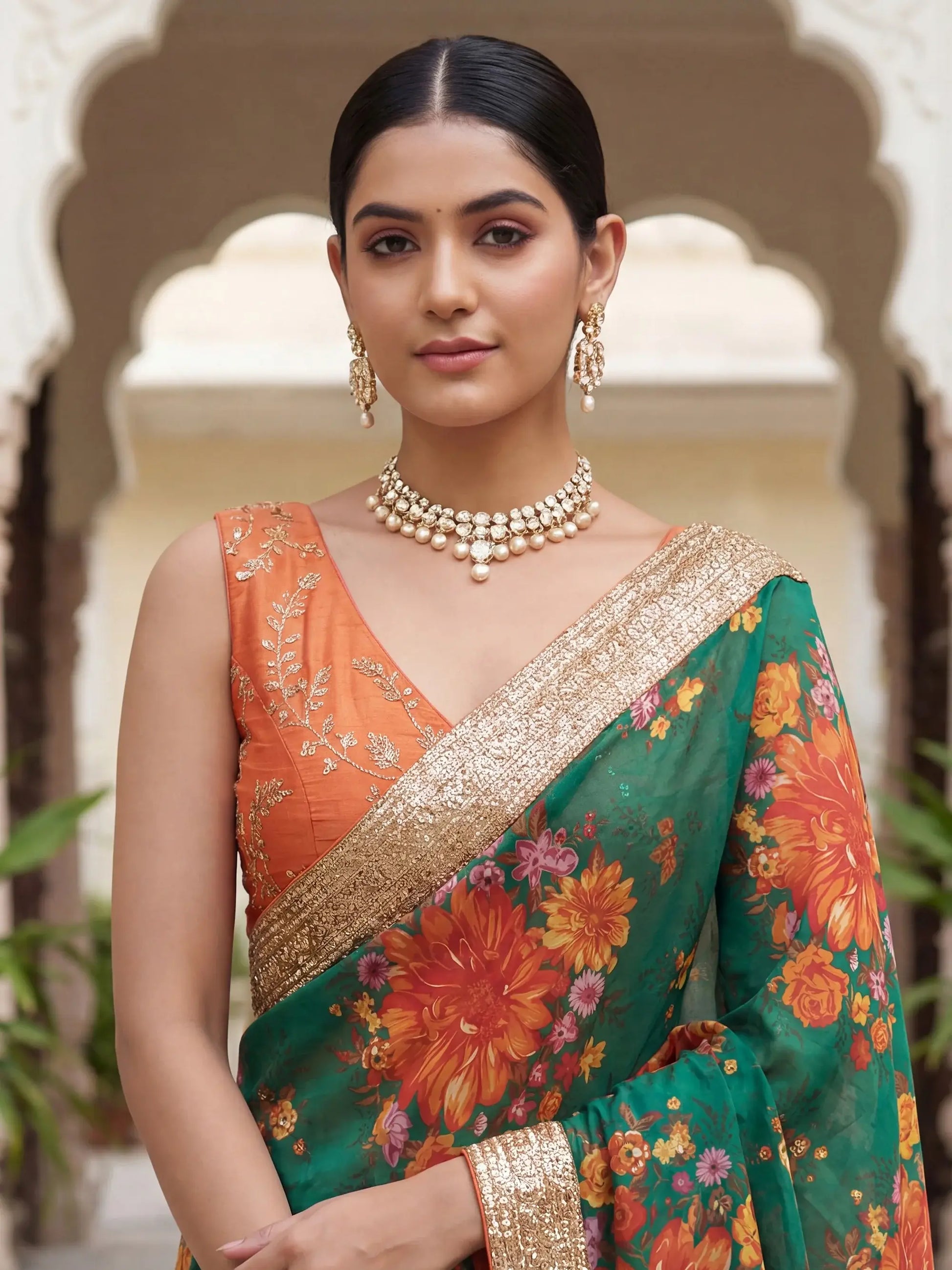 Splendid Green Floral Printed Organza Mehendi Wear Saree With Blouse