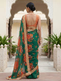Splendid Green Floral Printed Organza Mehendi Wear Saree With Blouse