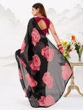 Stunning Black Floral Printed Chiffon Festive Wear Saree With Blouse