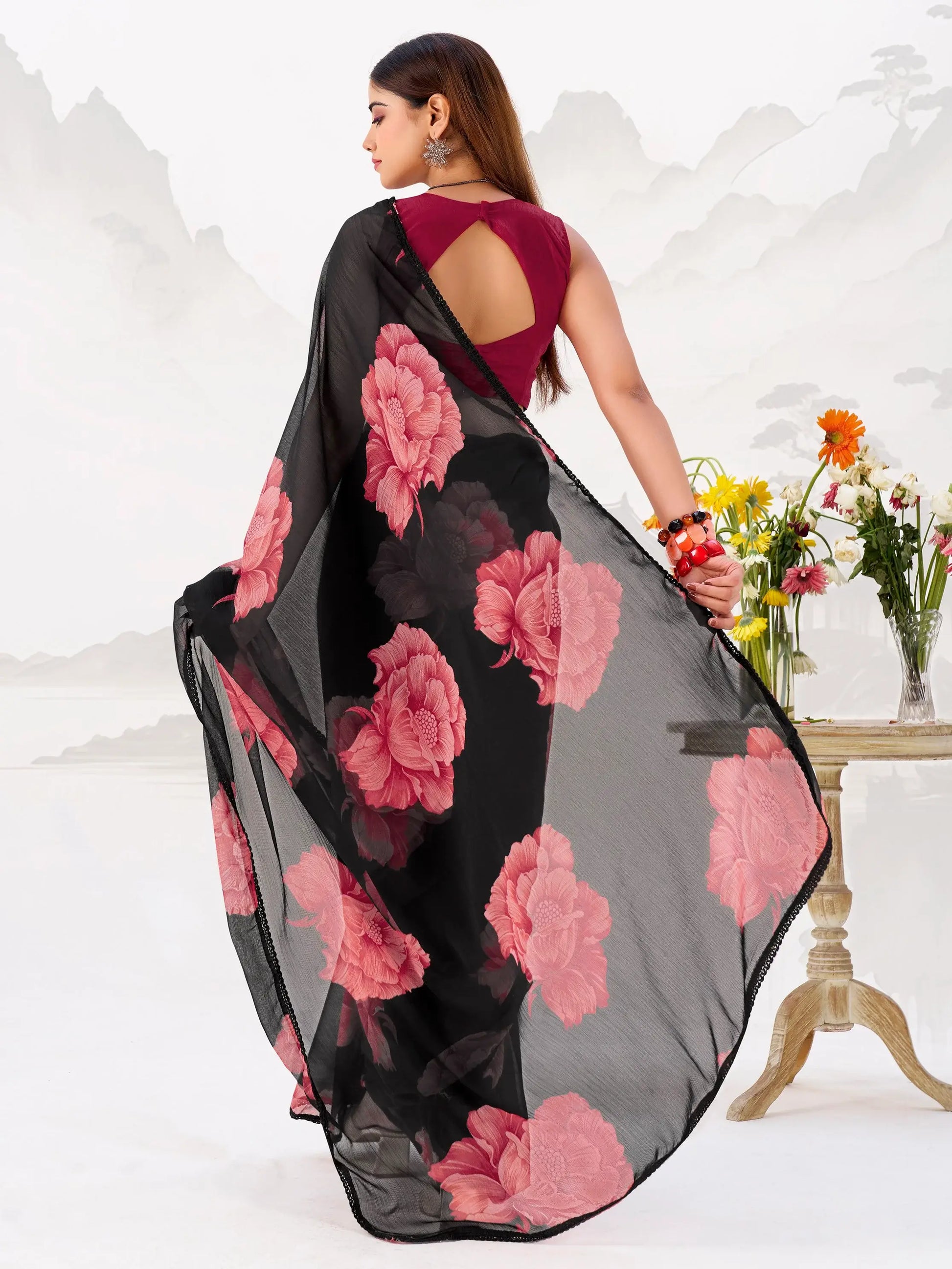 Stunning Black Floral Printed Chiffon Festive Wear Saree With Blouse