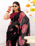 Stunning Black Floral Printed Chiffon Festive Wear Saree With Blouse