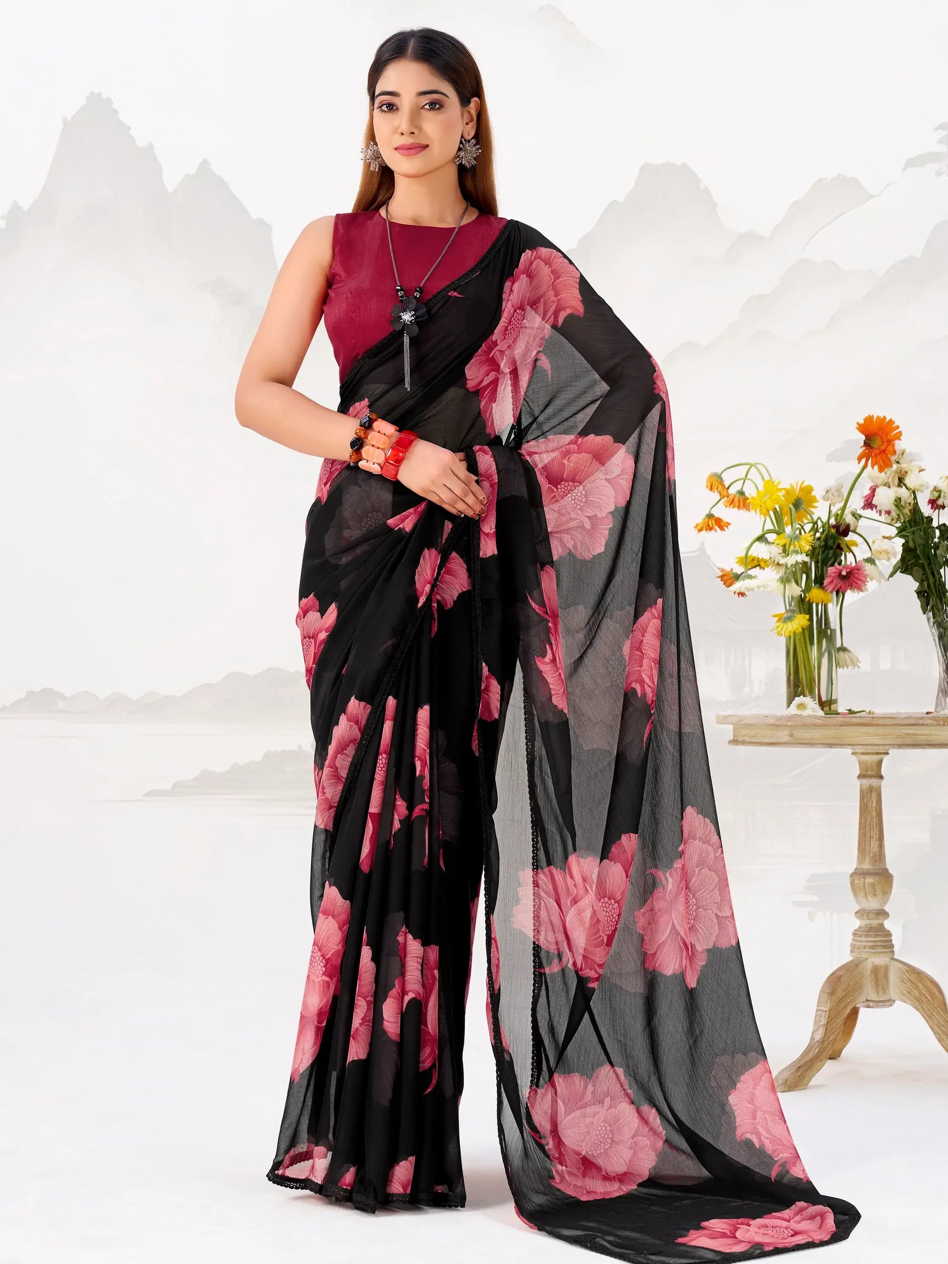 Stunning Black Floral Printed Chiffon Festive Wear Saree With Blouse