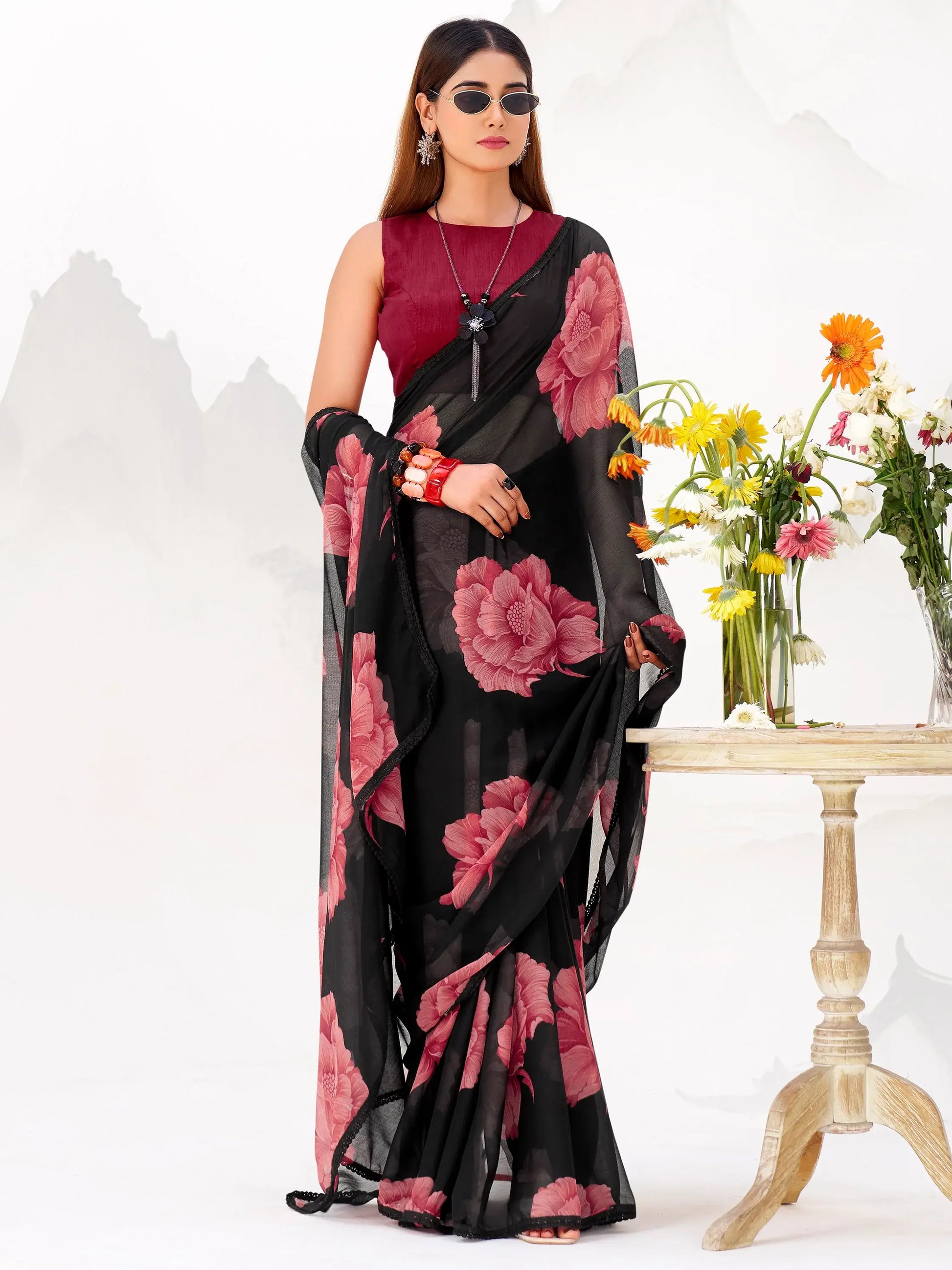 Stunning Black Floral Printed Chiffon Festive Wear Saree With Blouse