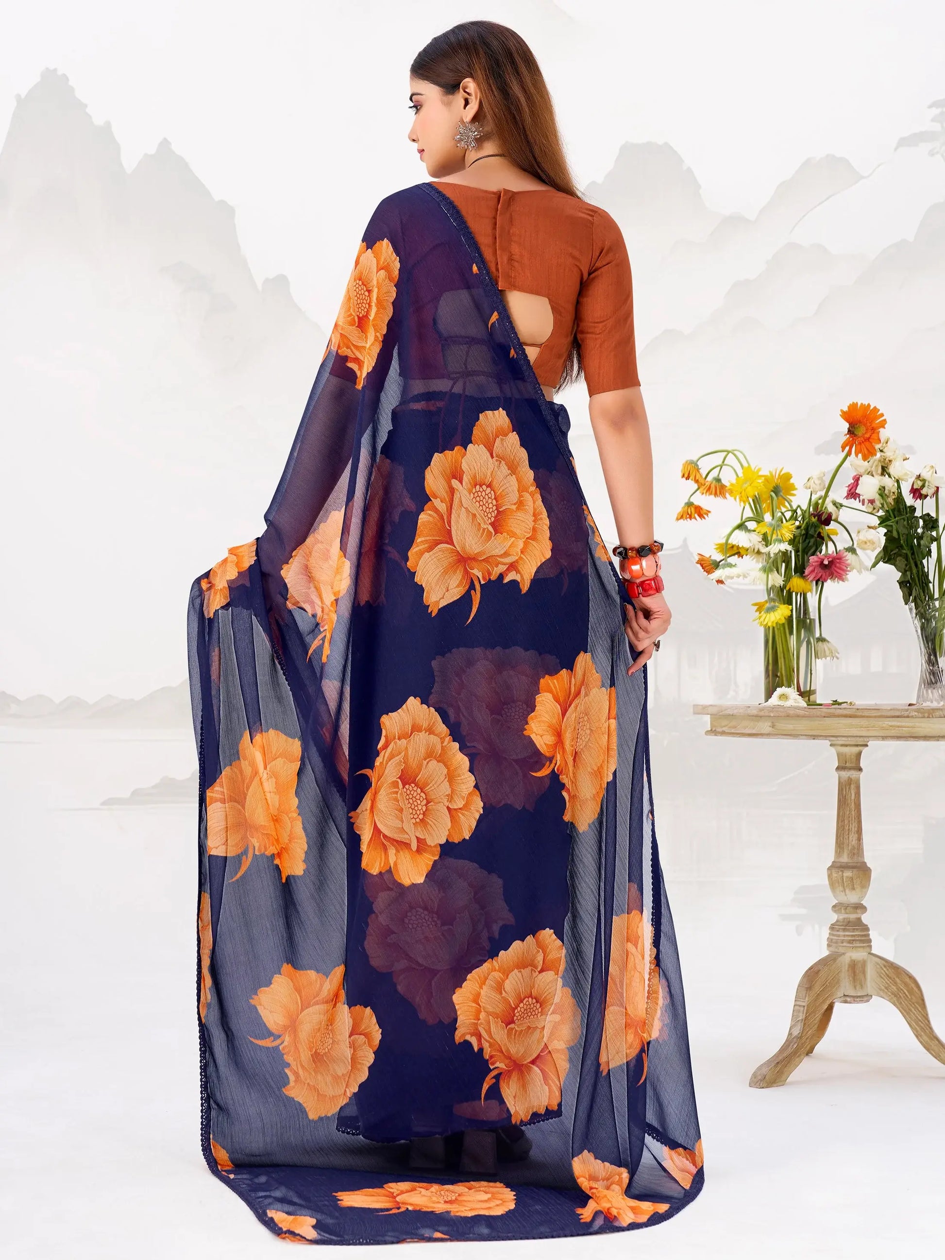 Elegant Navy Blue Floral Printed Chiffon Evening Wear Saree With Blouse