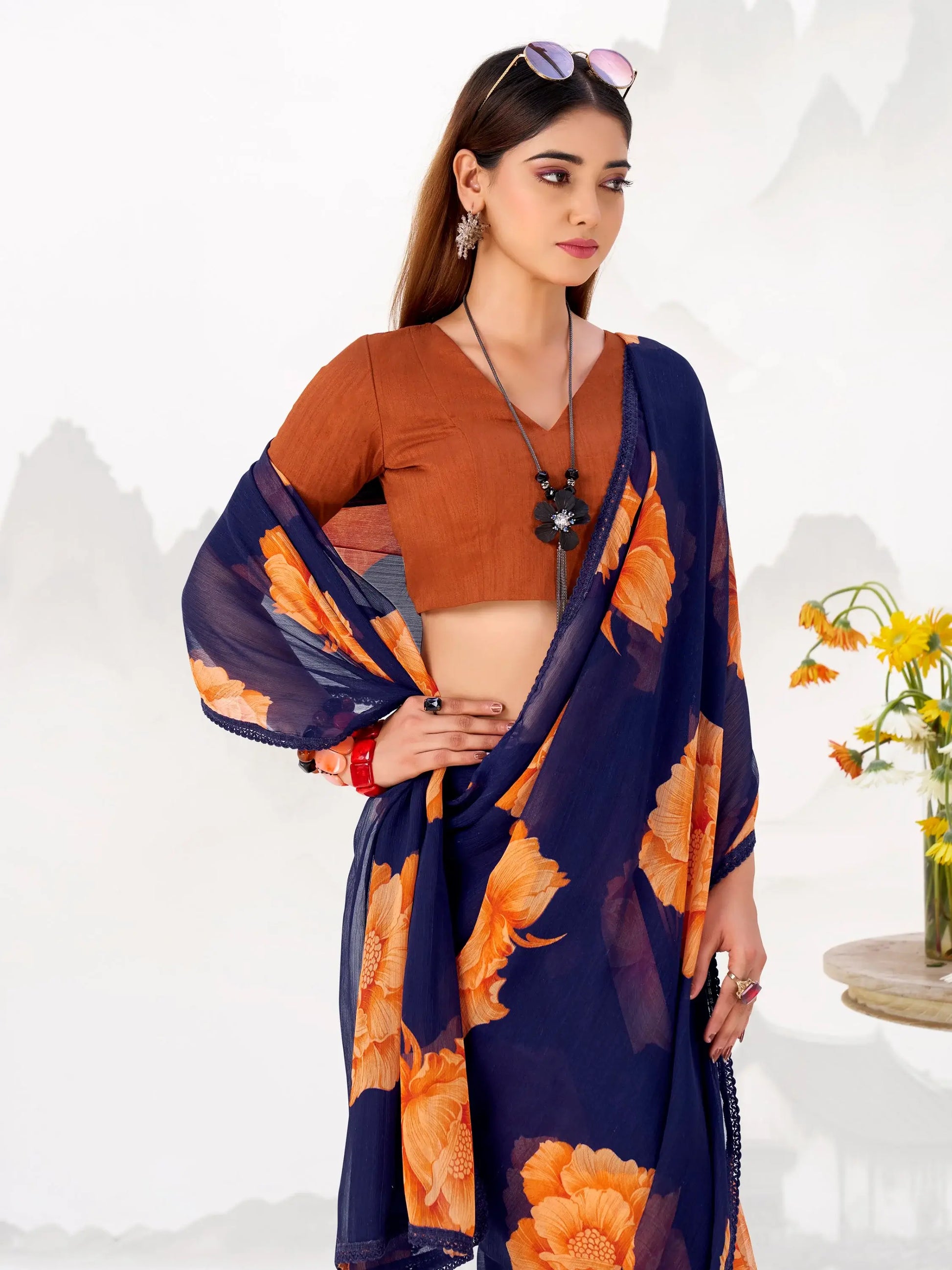 Elegant Navy Blue Floral Printed Chiffon Evening Wear Saree With Blouse