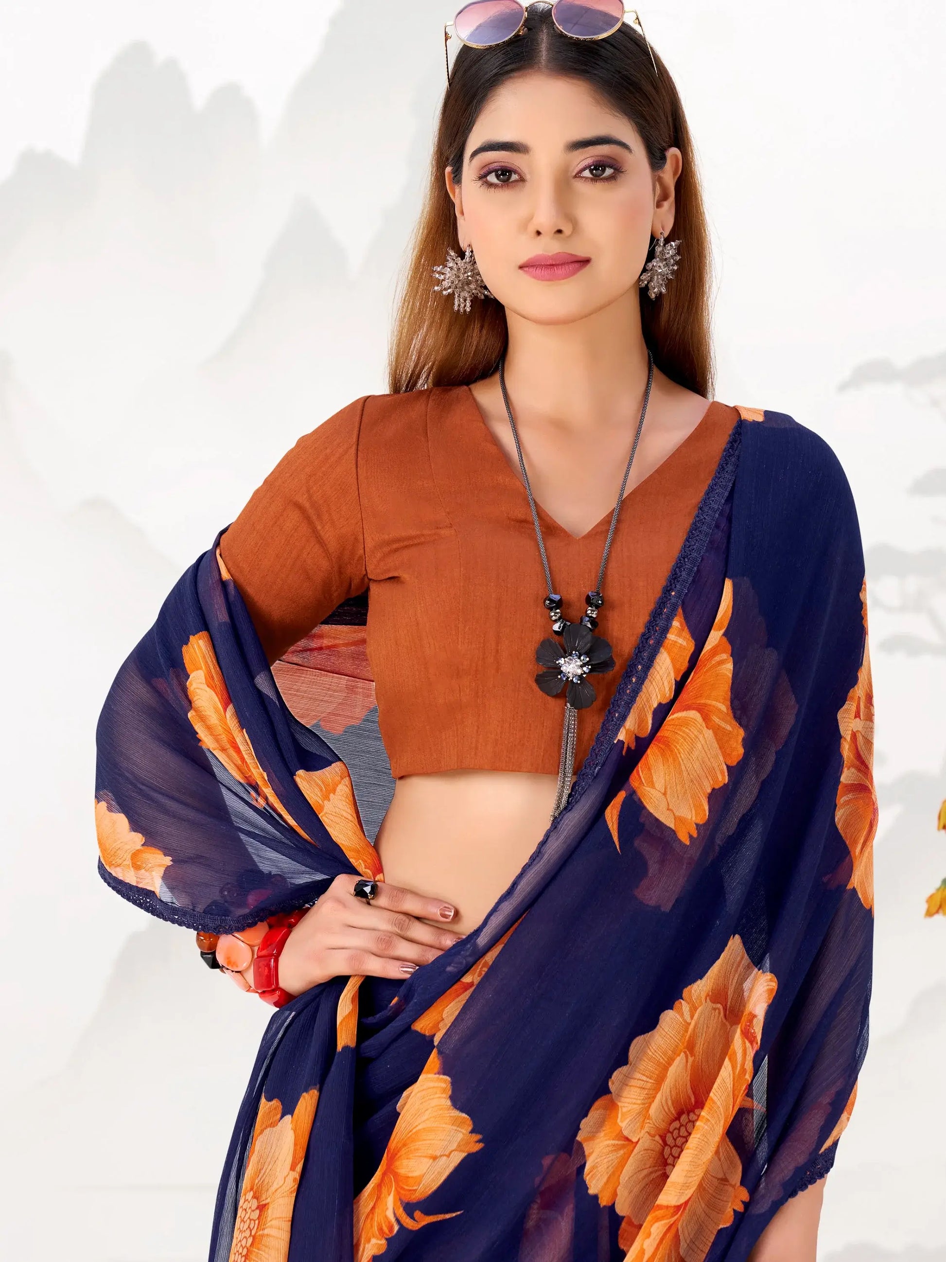 Elegant Navy Blue Floral Printed Chiffon Evening Wear Saree With Blouse