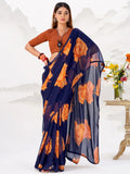 Elegant Navy Blue Floral Printed Chiffon Evening Wear Saree With Blouse