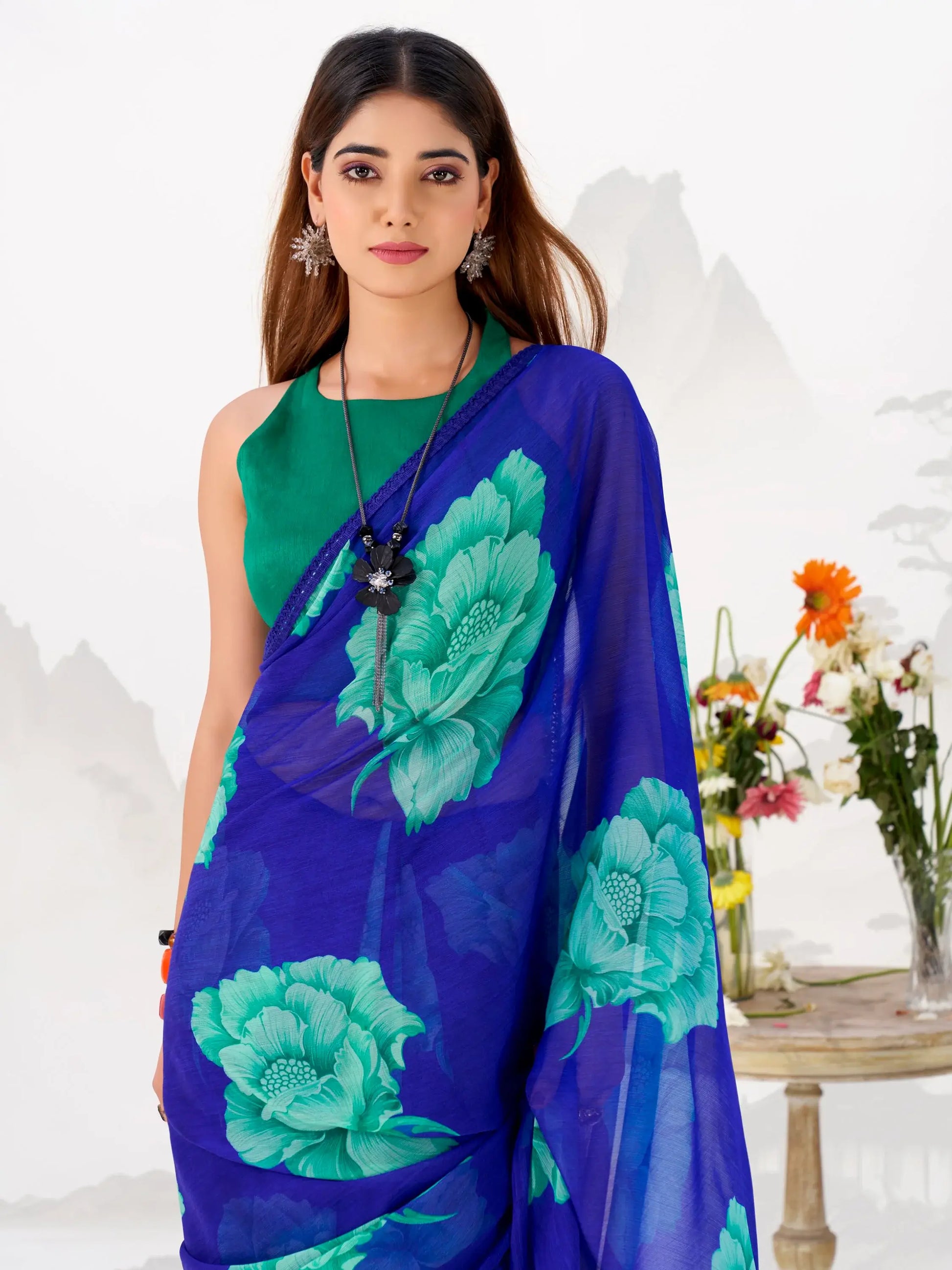Classic Royal Blue Floral Printed Chiffon Casual Wear Saree With Blouse