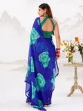 Classic Royal Blue Floral Printed Chiffon Casual Wear Saree With Blouse