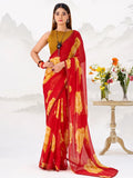 Lovable Red Floral Printed Chiffon Marriage Wear Saree With Blouse