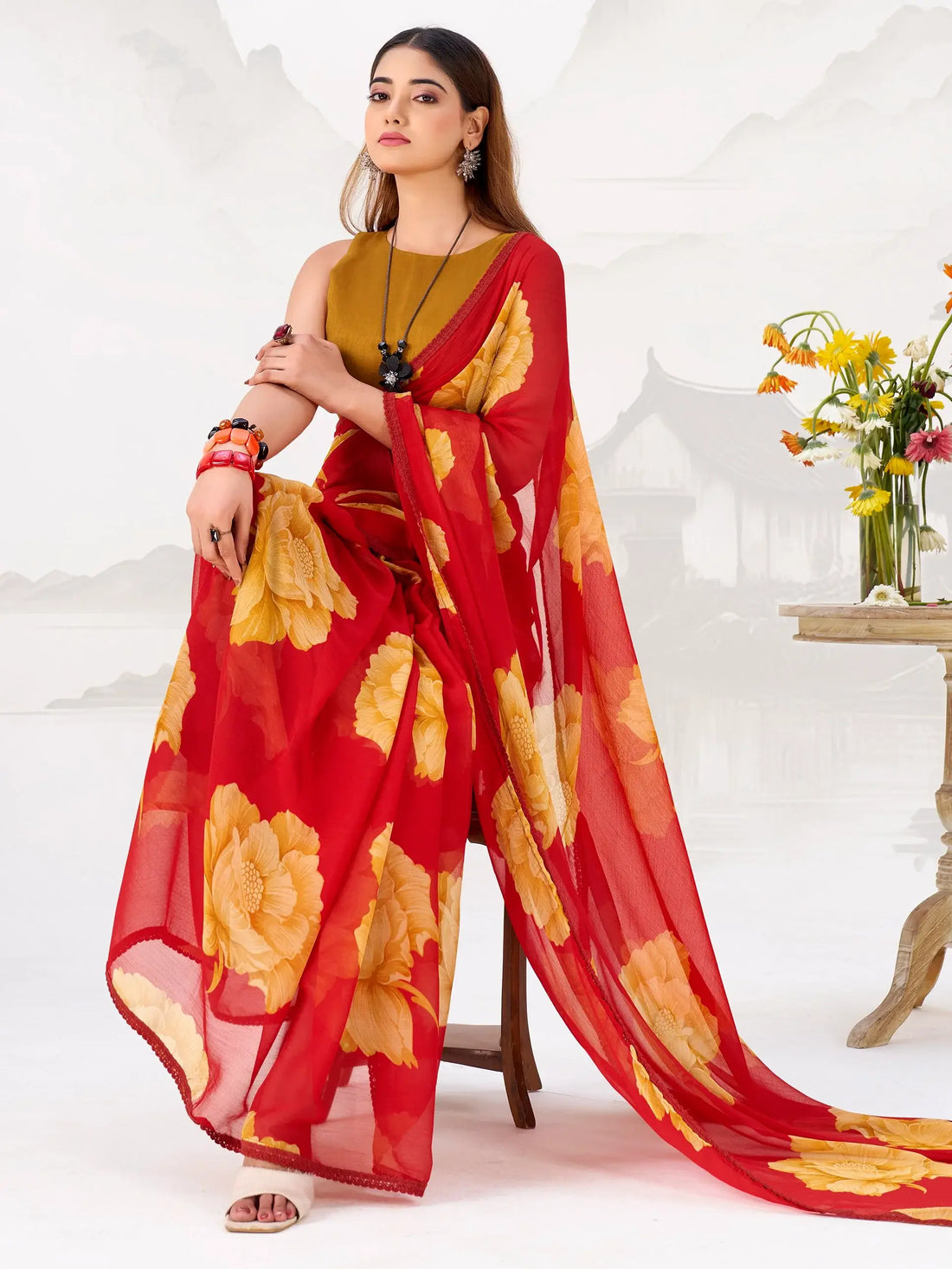 Lovable Red Floral Printed Chiffon Marriage Wear Saree With Blouse