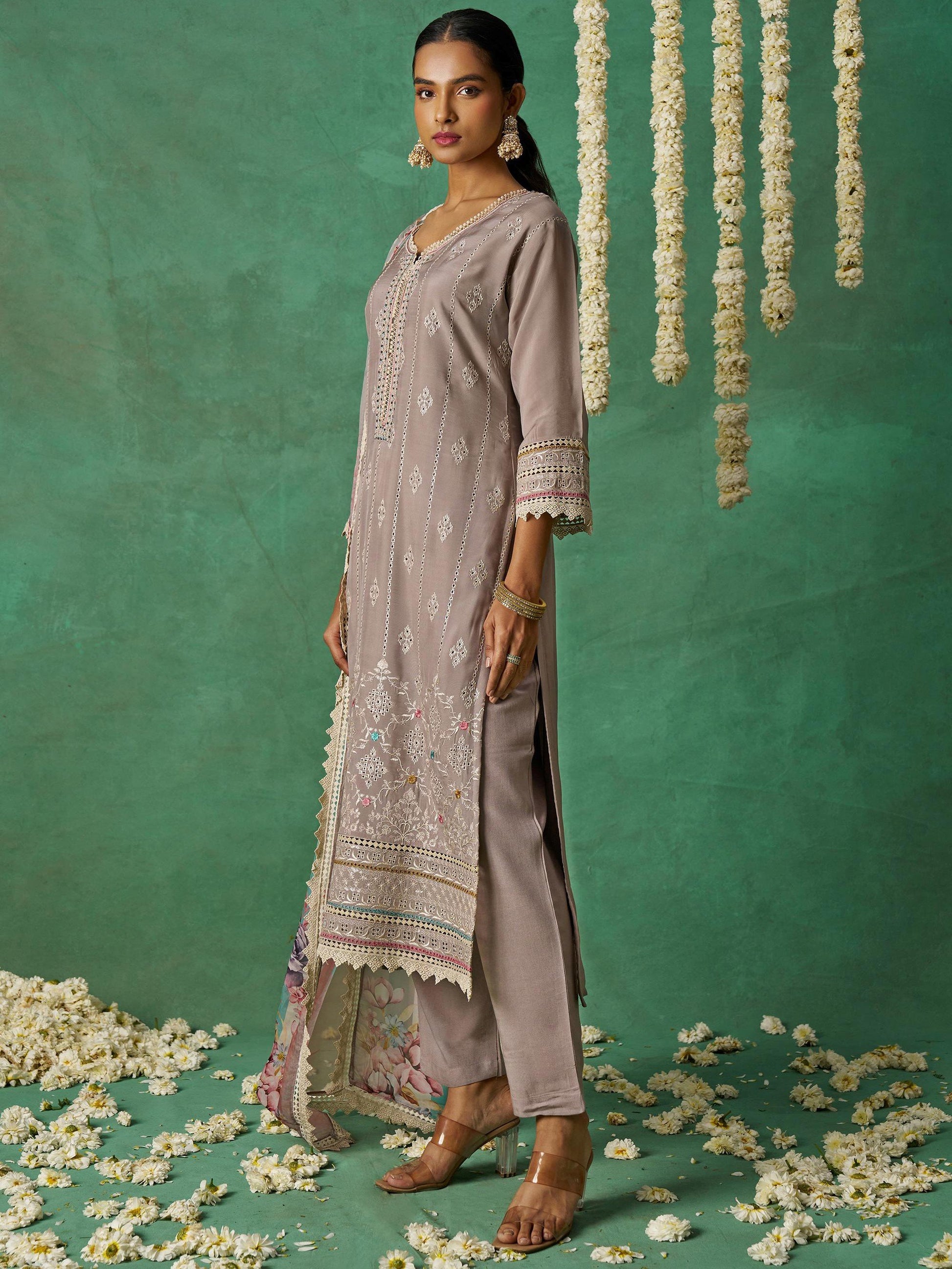 Glorious Grey Thread Work Organza Festive Wear Pant Suit With Dupatta