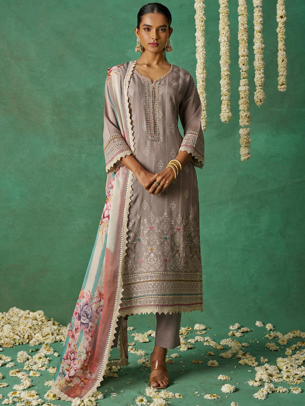 Glorious Grey Thread Work Organza Festive Wear Pant Suit With Dupatta