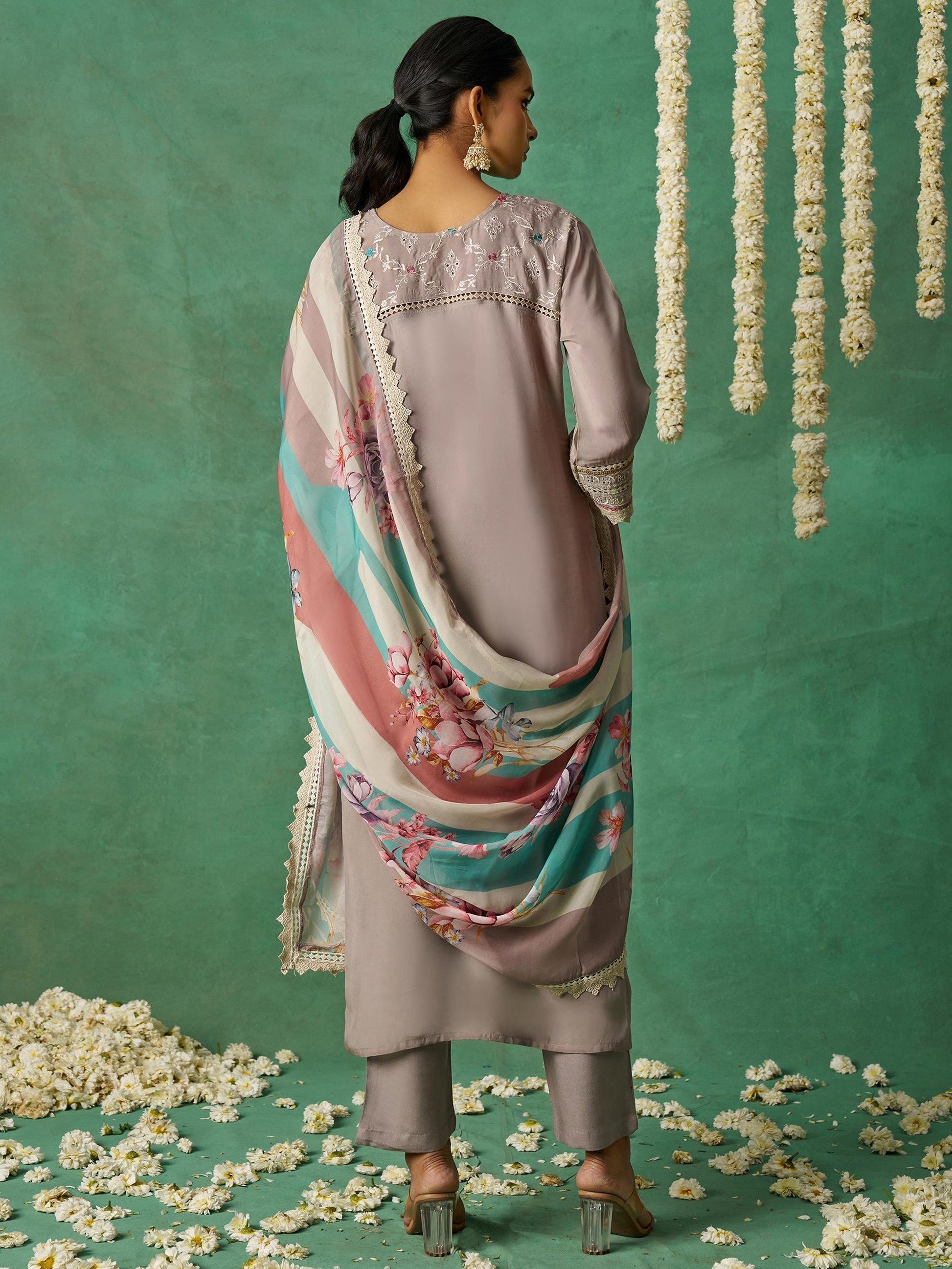 Glorious Grey Thread Work Organza Festive Wear Pant Suit With Dupatta