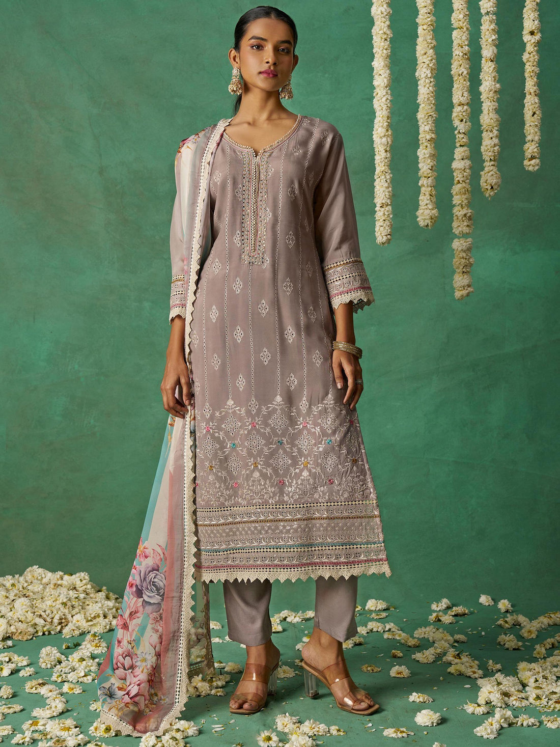 Glorious Grey Thread Work Organza Festive Wear Pant Suit With Dupatta