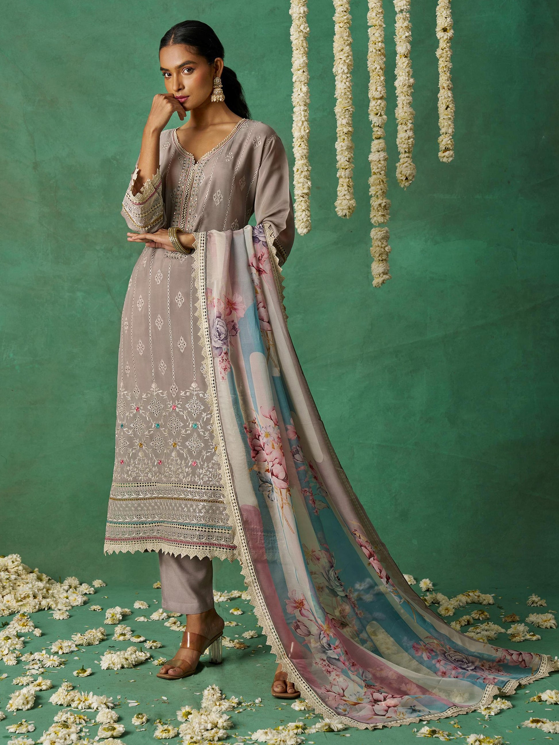 Beautiful Grey Embroidered Organza Designer Pant Suit With Dupatta
