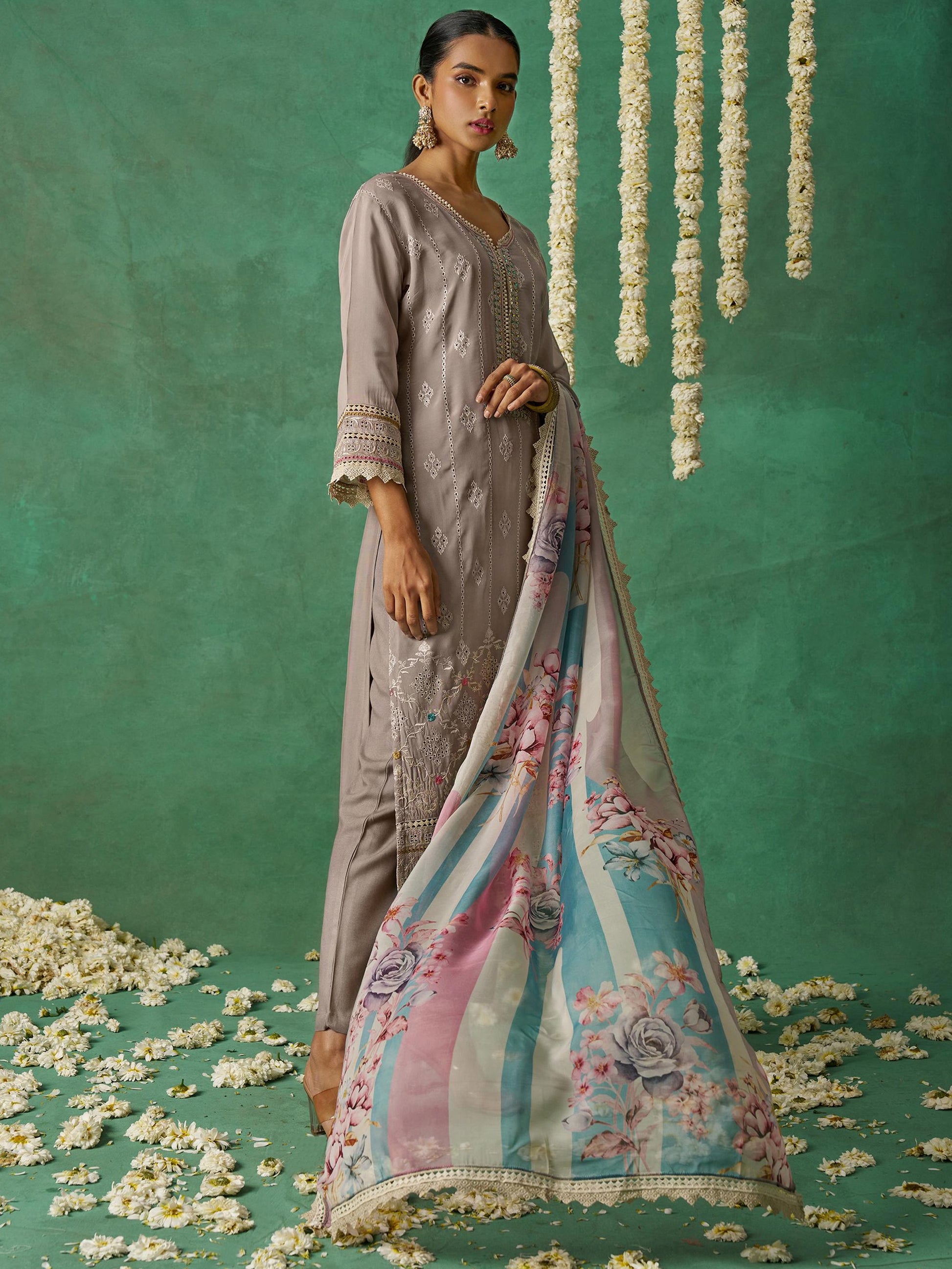 Beautiful Grey Embroidered Organza Designer Pant Suit With Dupatta
