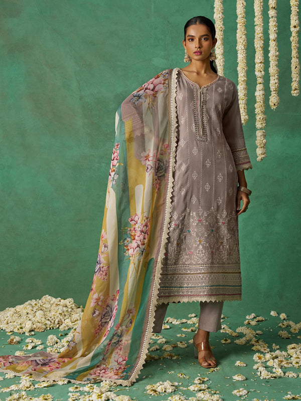 Alluring Grey Organza Traditional Pant Suit With Printed Dupatta
